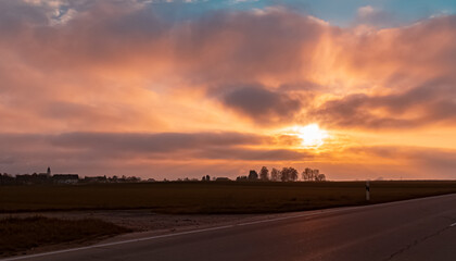 Autumn or indian summer sunset near Plattling, Isar, Bavaria, Germany