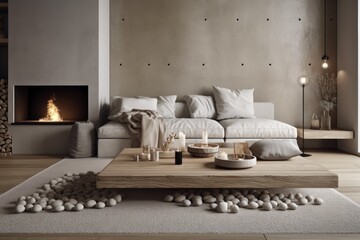 zen mood, cozy living room with sofa, carpet, table, and pouf, concrete modern fireplace, architecture interior design, wooden vintage table top or shelf with candles and pebbles,. Generative AI