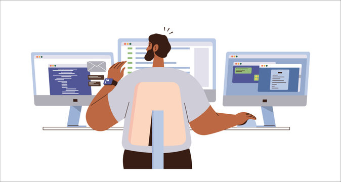 Male programmer freelancer working on multi display computer workspace vector illustration