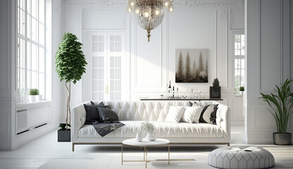 White living room with sofa. Scandinavian interior design. 3D illustration, Generative Ai