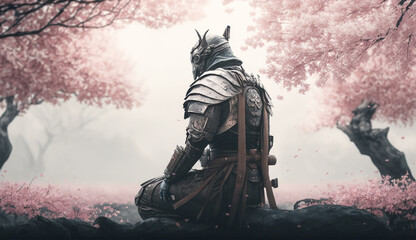 Lonely samurai in sakura blossoms. Generative AI.