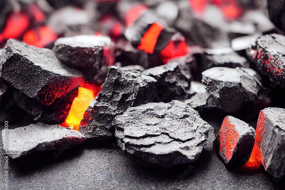 Wall mural closeup of the smoldering cloals in the fire., created with generative ai