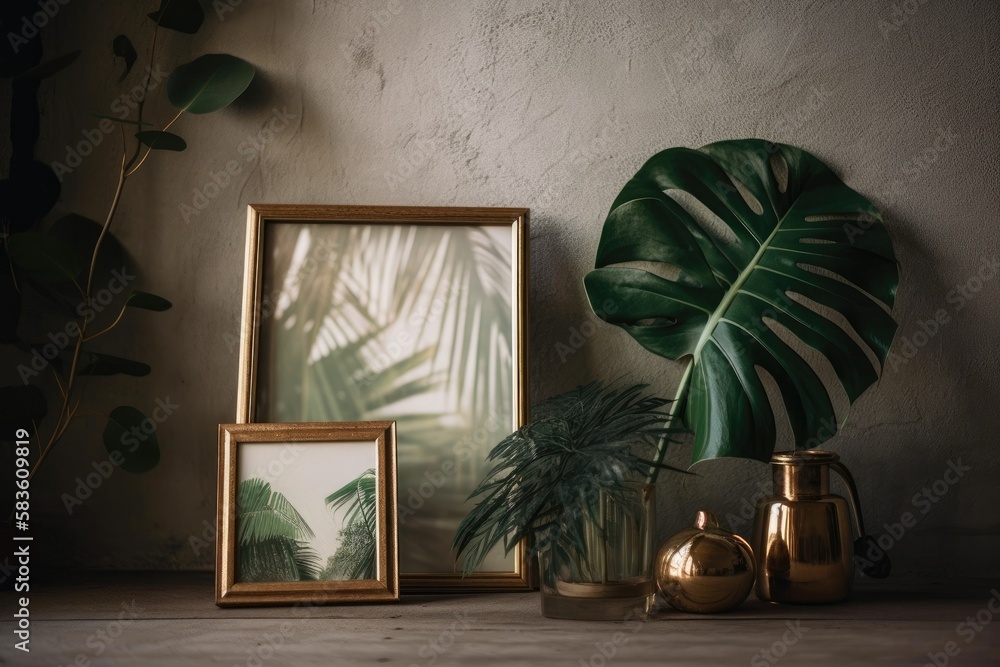 Poster a photo frame that is vacant with a background of leafy greenery. generative ai