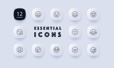 Different emoticon line icon. Laughter, teasing, love, kiss, sadness, anger, crying, surprise., feeling, emoji. Mood concept. Neomorphism. Vector line icon for Business and Advertising