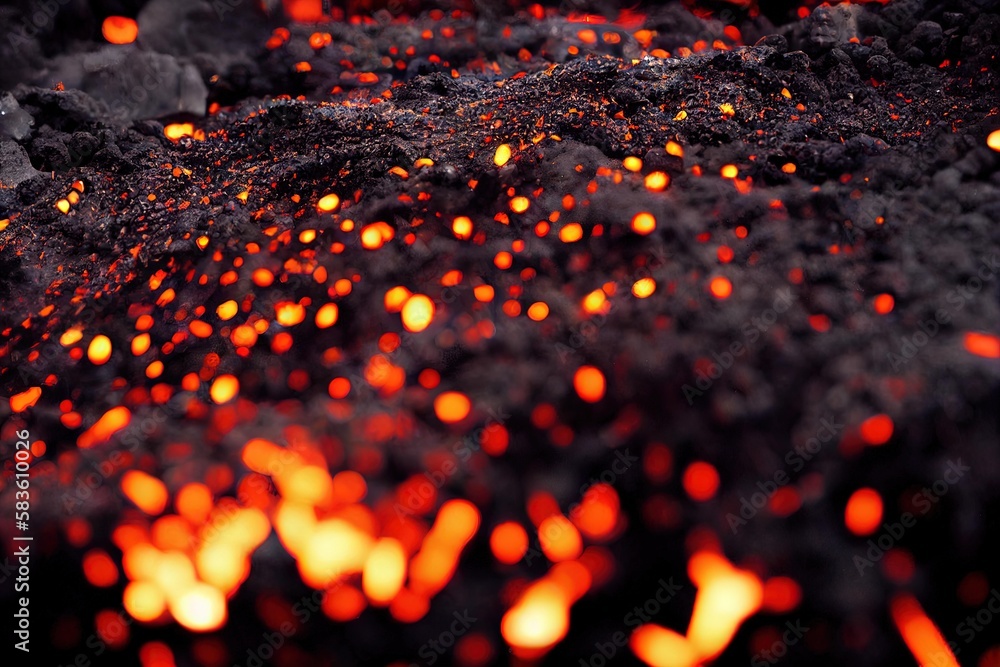 Wall mural closeup of smoldering ash or coal in the dark., created with generative ai