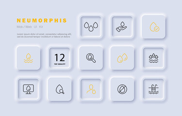 Drop of water set icon. Evaporation, magnifier, search, pool, drink. Save the water. H2O concept. Neomorphism. Vector line icon for Business and Advertising