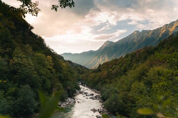 Scenic view of the Soca river flowing in Trenta Valley in the Julian Alps in northwestern Slovenia