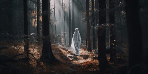 Ghostly silhouette of a faceless female ghost entity, paranormal haunting woodlands apparition wearing a white translucent robe, spirit of the forest, motion blurred - generative AI