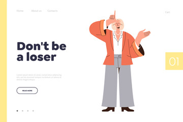 Landing page design template with do not be loser message and business woman character