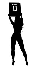 ring girl displaying round number in boxing ring black silhouette on white background, sports...
