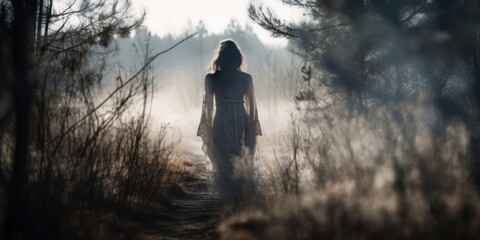 Ghostly silhouette of a faceless female ghost entity, paranormal haunting woodlands apparition wearing a white translucent robe, spirit of the forest, motion blurred - generative AI