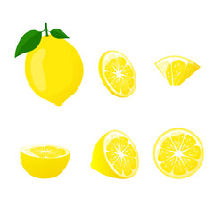 Set of lemon with green leaf, whole and sliced,for lemonade juice or vitamin logo. For posters, logos, labels, banners, stickers, product packaging design, etc. Vector illustration