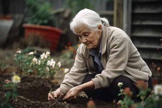 Retired old woman working on her backyard garden. Generative AI