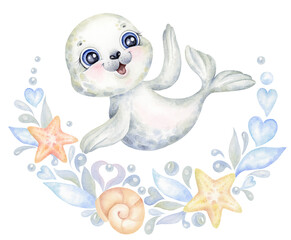 Cute baby seal in floral sea wreath, Watercolor cartoon little northern animal, hand drawn illustration. Perfect for kids greeting cards and invitations, baby shower 