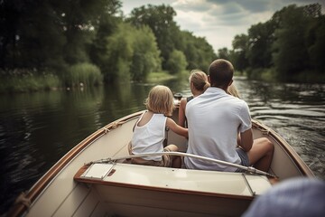Family having fun on a boat at the lake. Summer vacations concept. Generative AI