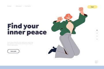 Happy mindfulness woman with smile on face in jump, find your inner peace landing page template