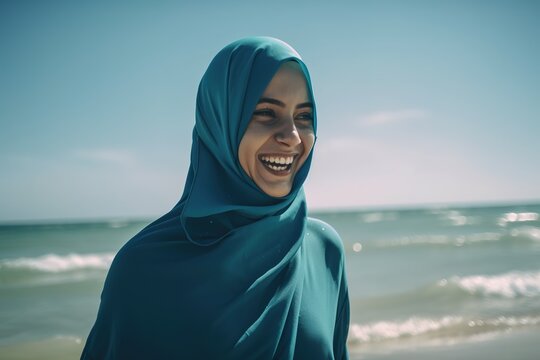 Muslim woman wearing burkini swimwear while having fun at the beach. Generative AI