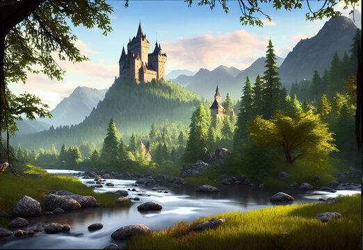 Beautiful landscape with a castle in the forest near the water.