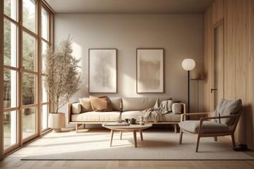 View from the corner of a living room that shows a mock up painting, a sofa that is positioned in a window niche, an armchair, a lamp, and a coffee table. contemporary style in beige tones. Scandinavi
