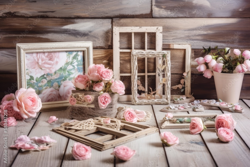 Poster On a backdrop of worn out wooden planks, a banner with a collection of picture frames, pink roses, and decorations. Copy space. Generative AI