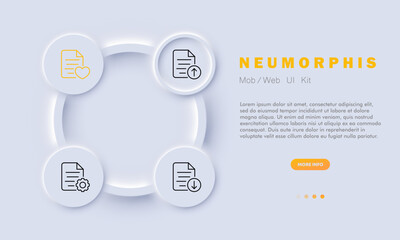 File set icon. Upload and download data, favorite material, like, heart, network settings, files setup. Online concept. Neomorphism style. Vector line icon for Business and Advertising