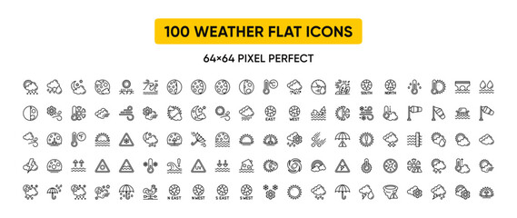Weather line icons set - big pack of 100 weather forecast graphic elements, sun, cloud, rain, snow, wind, rainbow
