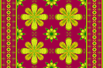 Ethnic folk geometric seamless pattern in flower red and green tone in vector illustration design for fabric, mat, carpet, scarf, wrapping paper, tile and more 