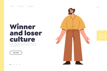 Landing page design template with winner and loser culture concept and confused woman