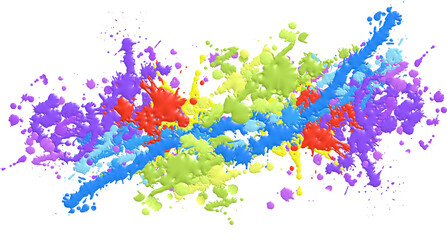 A realistic and abstract collection of 3D paint splatters and drips in vibrant colors on a transparent vector background. Perfect for illustration, design, art, isolated element set, texture, drawing