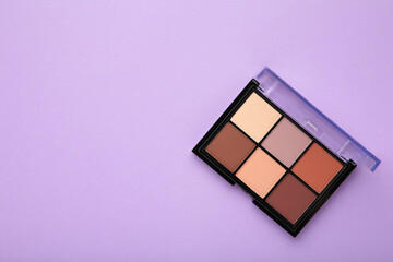 Palette of basic eyeshadows on purple background. Makeup concept. Space for text