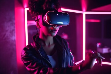 Black female gamer and streamer with virtual reality glasses playing video games in a futuristic gaming room training for the esports. Generative ai