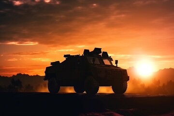 Troops in the war. Military patrol car at sunset. Army war concept. Silhouette of armored vehicle with gun in action. Generative ai