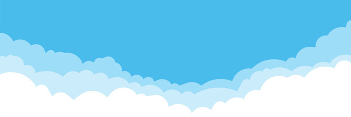Blue sky with white clouds background. Cloud border. Simple cartoon design. Flat style vector illustration.
