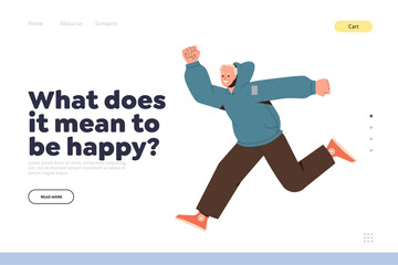 Fototapeta na wymiar Cheerful man jumping and running fast to happiness, vector landing page template