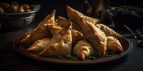 A plate of fatayer, triangle-shaped baked pastry filled with cheese, spinach, or meat generated by AI