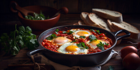 A bowl of shakshuka, poached eggs in a spicy tomato sauce with bell pepper and onion generated by AI