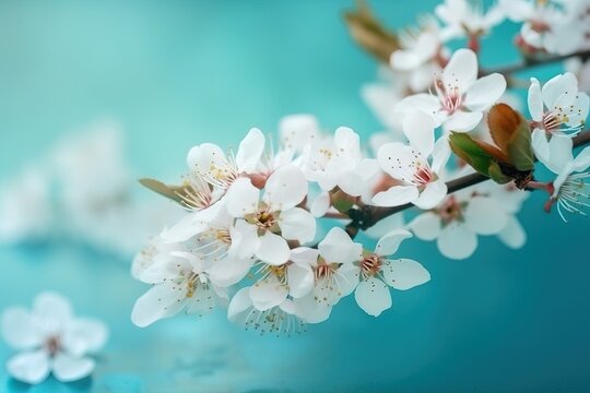 Spring wallpaper. Cherry blossom branches on turquoise blue background with copy space. Concept: Springtime is here. Generative AI