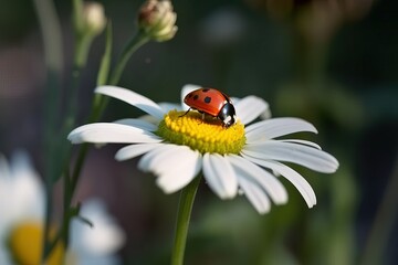 Fototapeta premium A close up of a ladybug on top of a chamomile flower. Concept: The springtime is here. Generative ai.