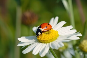 A close up of a ladybug on top of a chamomile flower. Concept: The springtime is here. Generative ai.