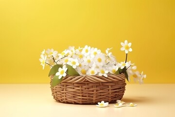 Spring concept wallpaper. A wooden basket with white chamomile flowers inside. Plain yellow background. Generative ai 