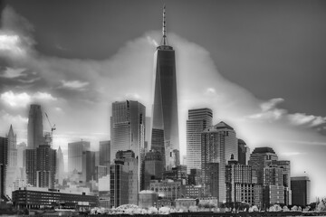 Fototapeta premium New York Skyline with One World Trade Center in black & white.