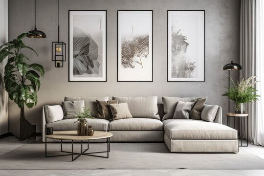 Interior design of a modern room with a sofa, pillows, blanket, plant, and pictures. Generative AI