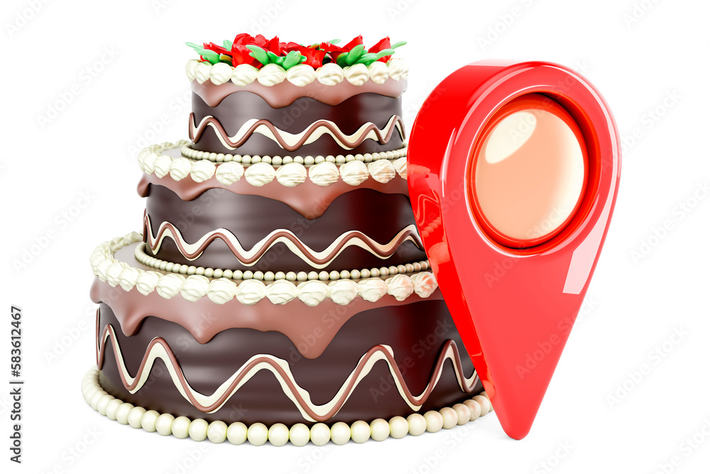 Poster chocolate cake with map pointer, 3d rendering