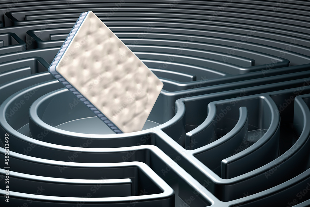 Poster mattress inside labyrinth, maze. 3d rendering
