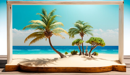 Fototapeta na wymiar empty wooden table top product display showcase stage with tropical summer beach background