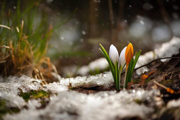 spring crocus flowers breaking through the snow at winter day. generative ai