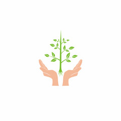 Fototapeta na wymiar Vector logo design of plant and hand icon, icon or symbol as a form of our concern for protecting the earth's environment by planting trees.