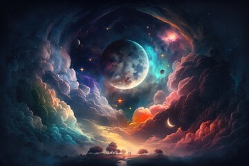 Fantasy-themed night sky, picture book style, bright stars and galaxies, colorful nebulae, moon or planets visible, clouds or mist in the sky. Generative AI illustration. © Vitaly Art