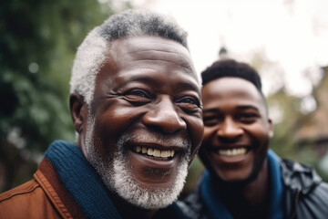 Black father and son smiling outdoors, close up. Generative AI. 