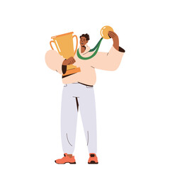 Happy young man character holding award cup and golden medal isolated on white background